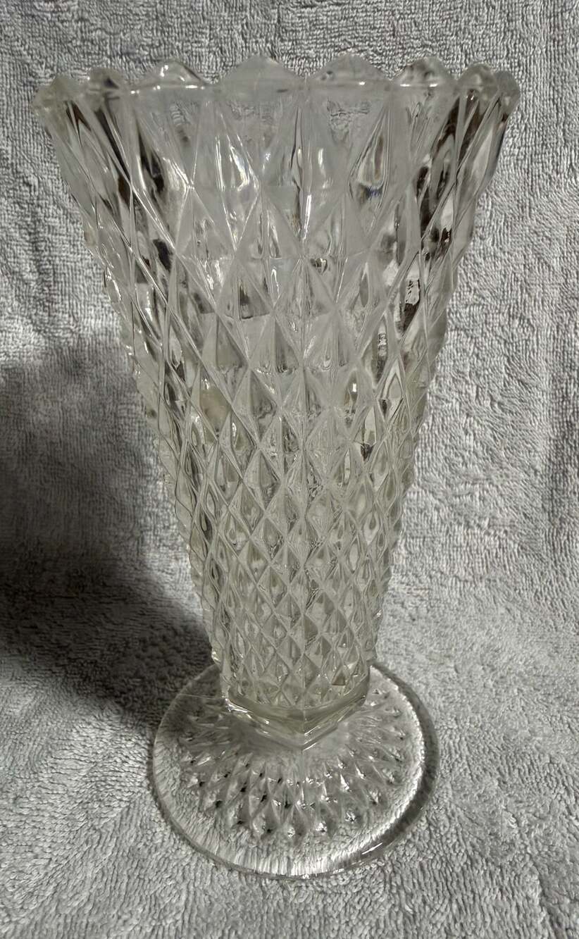 Vintage Indiana Glass Diamond Point Clear Vase 8 Inch